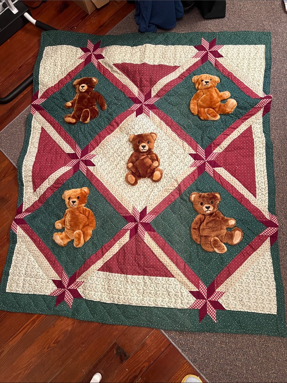 Handmade Teddy Bear Patchwork Quilt - Green & Burgundy with Free Teddy Bear